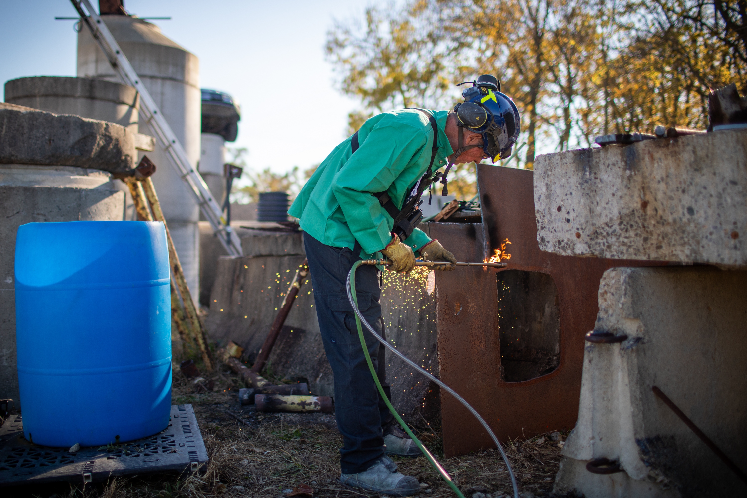 Grant Light demonstrates how to use a torch to cut through steel at a search and rescue training in Dayton, Ohio in November 2025.